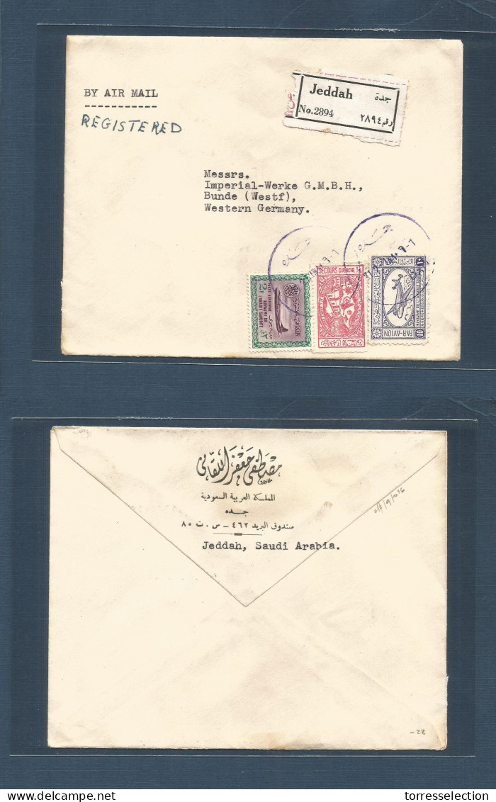 SAUDI ARABIA. 1951 (21 Febr) Jeddah - West Germany, Bunde. Registered Air Multifkd Env. VF Lilac Cds. - Arabia Saudita