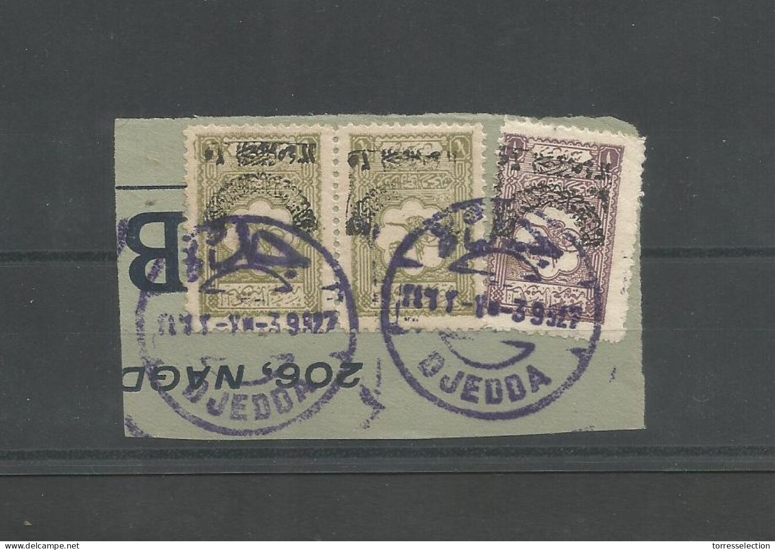 SAUDI ARABIA. 1927 (3 Sept) Bilingual Cachet. Djedda. Small Fragment With Single + Pair Local Overprint Lilac Bilingual  - Arabia Saudita