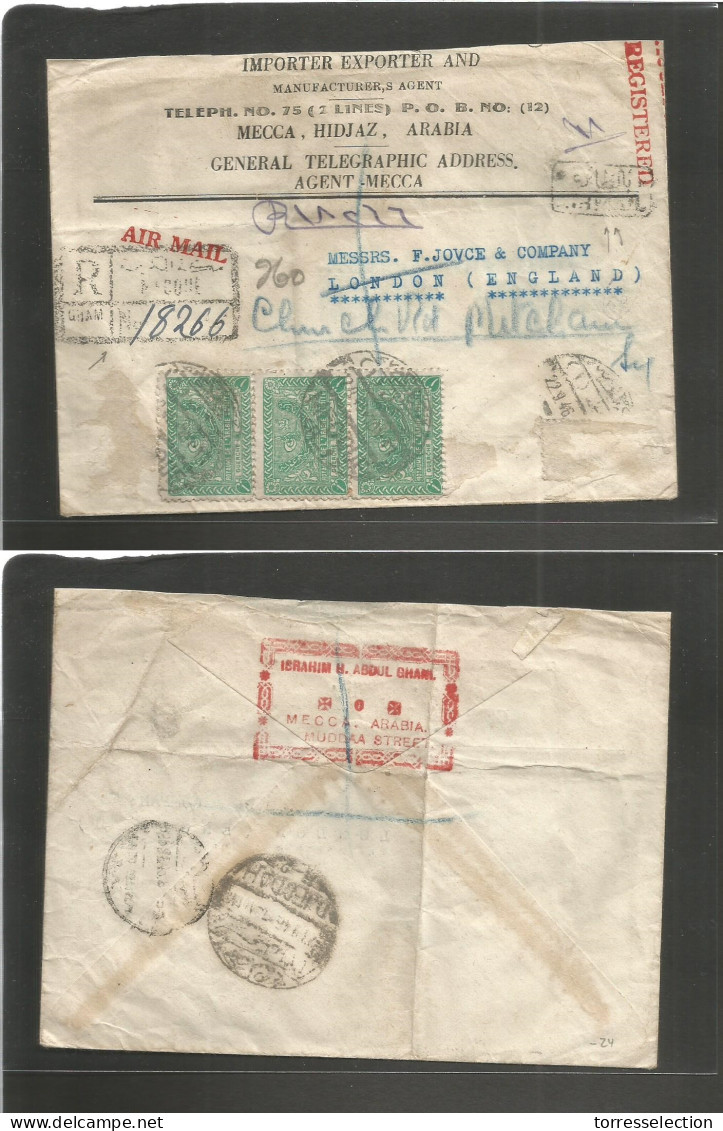 SAUDI ARABIA. 1946 (22 Sept) Mecca - Uk, London. Registered Multifkd Airmail Envelope. Via Djeddah, Forwarded. Some Stam - Saudi Arabia