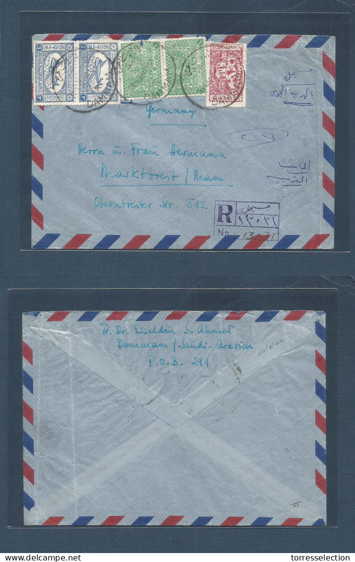 SAUDI ARABIA. 1959 (21 April) Dammam - Germany, Main. Registered Multifkd Env, Bilingual Cds. Unusual Stamp Combination  - Arabia Saudita