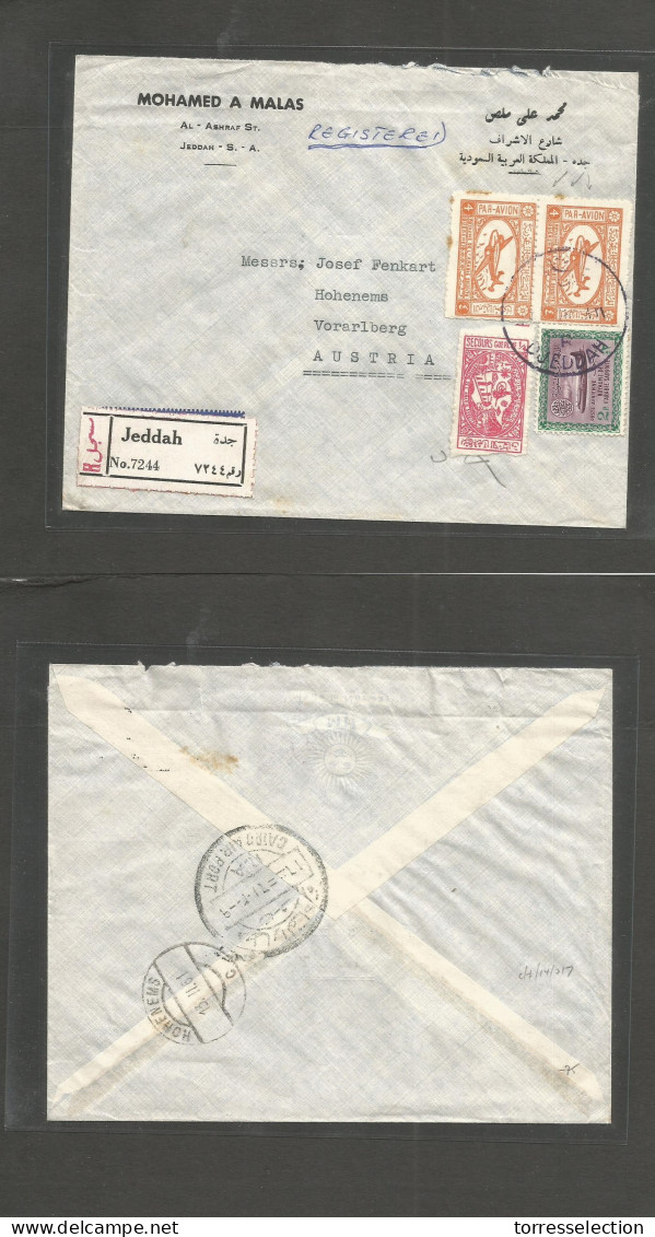 SAUDI ARABIA. 1961. Djeddah - Austria (13 Feb) Via Cairo. Registered Air Multifkd Env Including 4q Orange Mark Pair. Unu - Saudi Arabia