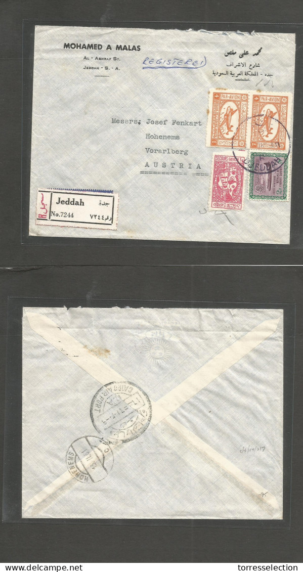 SAUDI ARABIA. 1961. Djeddah - Austria (13 Feb) Via Cairo. Registered Air Multifkd Env Including 4q Orange Mark Pair. Unu - Arabia Saudita