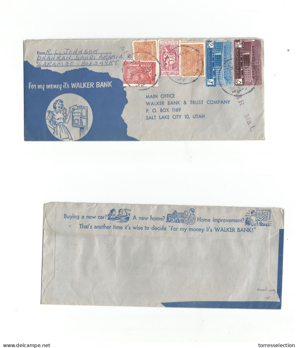 SAUDI ARABIA. C. 1960. Dharan - USA, Salt Lake , Utah Illustrated Multifkd Envelope, Mixed Issues. Scarce So. Fine. - Arabie Saoudite