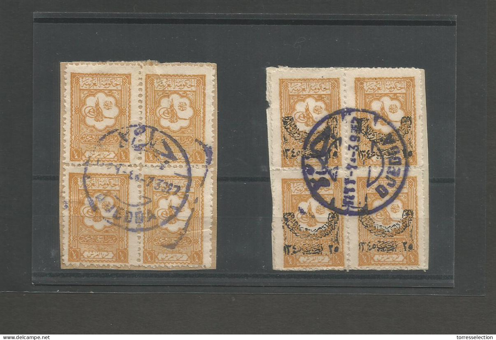 SAUDI ARABIA. 1927 (7 March) Djedda. 2 Blocks Of Four On Piece, One Is Overprinted, Central Bilingual Lilac Cachet. Love - Arabia Saudita