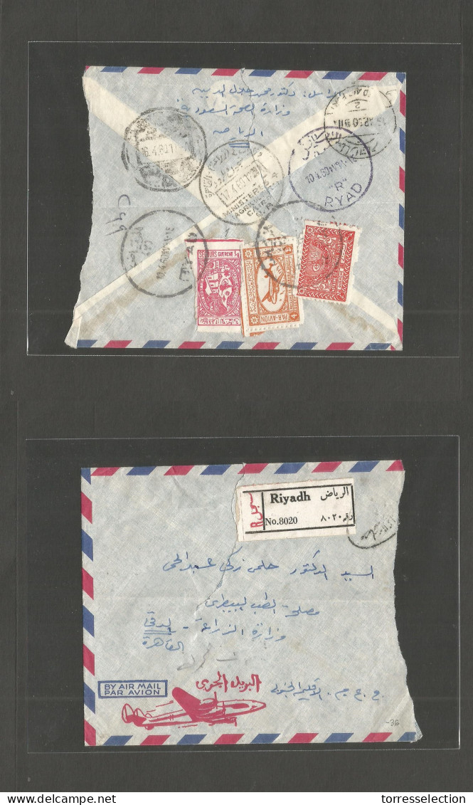 SAUDI ARABIA. 1960 (10 April) Riyadh - Egypt, Cairo (17 April) Registered Reverse Multifkd Air Envelope. Well Transited. - Arabia Saudita