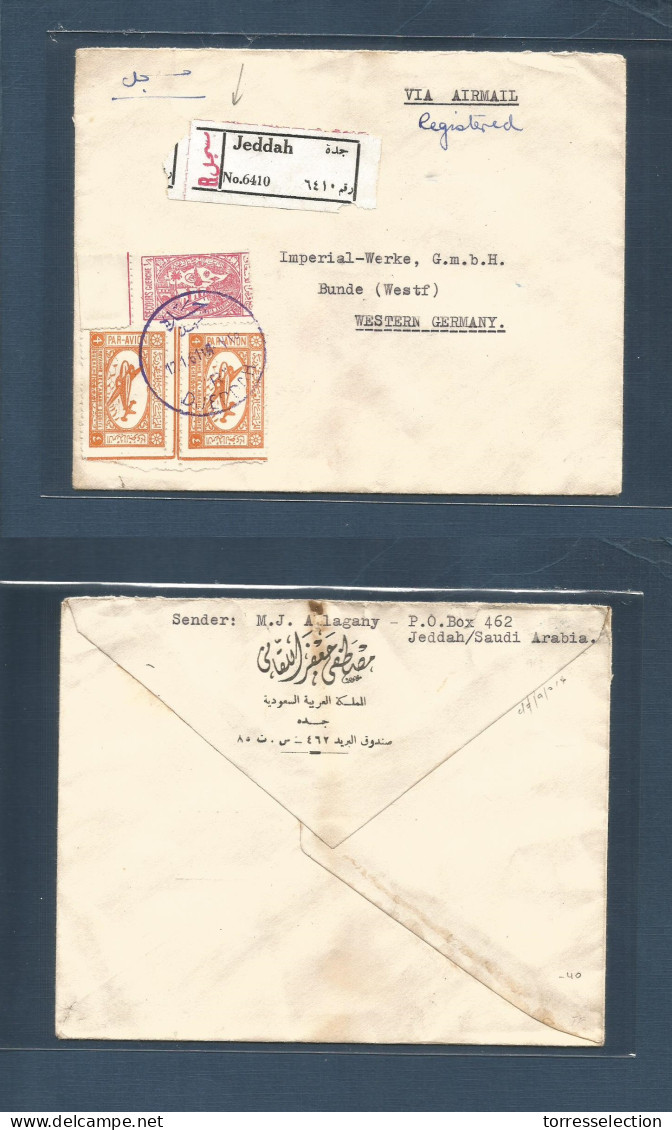 SAUDI ARABIA. 1961 (17 Jan) Djeddah - West Germany, Bunde. Registered Airmail Multifkd Envelope, Lilac Cachet. VF And De - Arabia Saudita