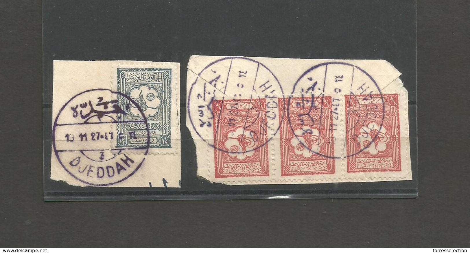 SAUDI ARABIA. 1927. Djeddah. Turkish Period Stamps Cancelled Lilac Bilingual Cds On 2 Fragments Multiple Usage. VF. - Arabia Saudita