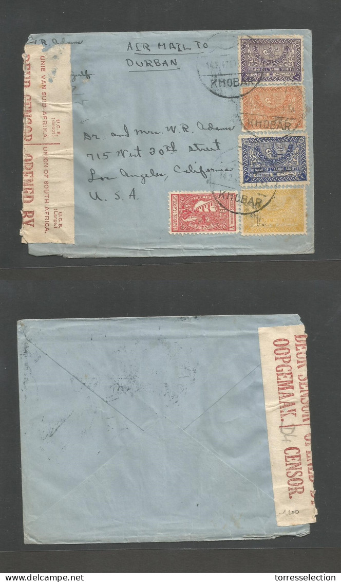 SAUDI ARABIA. 1942 (14 Feb) Bahrein, Khobar - USA, CA, LA. Airmail Via Durban, S. Africa, Saudi Arabia Stamps Multifkd E - Arabia Saudita