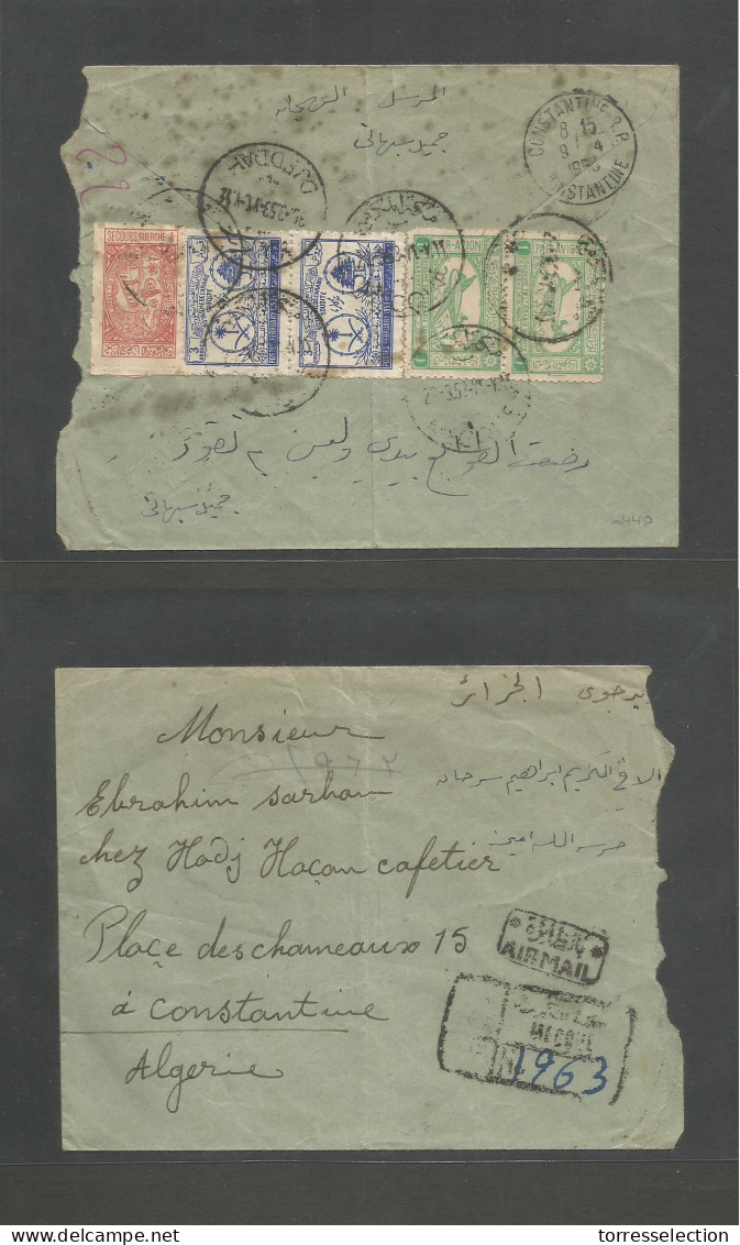 SAUDI ARABIA. 1953 (28 March) Mecque - Algeria, Constantine (9 April) Via Djeddah (30 March) Reverse Multifkd Registered - Arabia Saudita