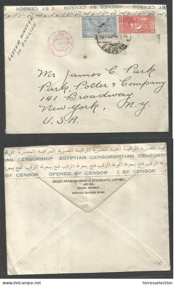 SAUDI ARABIA. C. 1940 Djeddah - USA, NYC. Fkd Envelope + Egypt Doble Censorship (cachet + Label) VF. Reverse Comercial M - Arabia Saudita