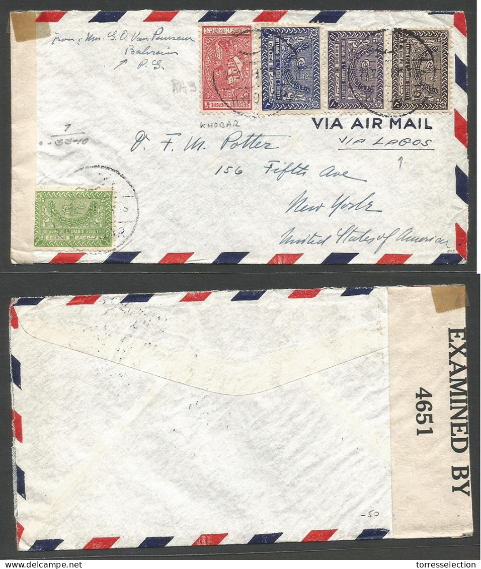 SAUDI ARABIA. 1943 (21 Feb) Bahrain - Khodan - USA, NYC. Air Multifkd Envelope + Censored. Via Lagos, Nigeria (and Brazi - Arabia Saudita