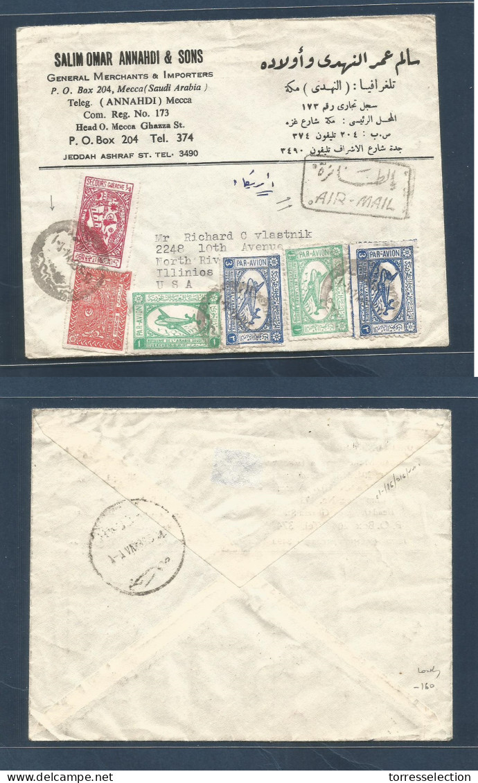 SAUDI ARABIA. 1958 (15 Sept) Mecca - USA, Noth River, Ill. Air Multifkd Illustrated Envelope With Arab Cachet Cds + Bili - Arabia Saudita