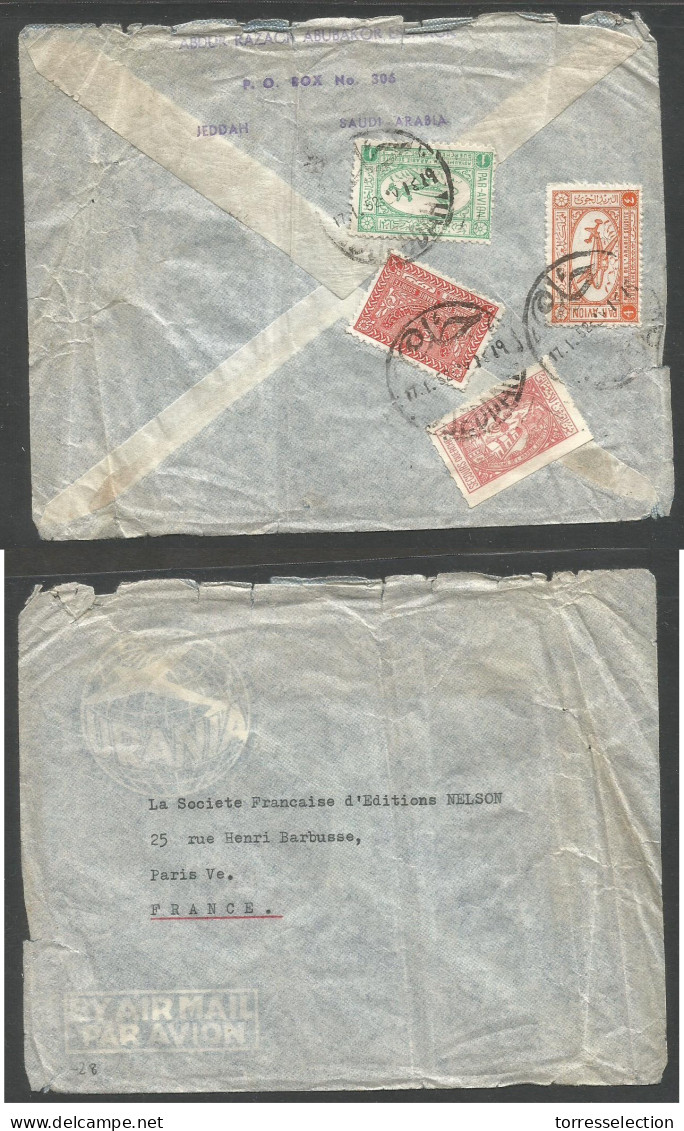 SAUDI ARABIA. 1952 (17 Jan) Jeddah - France, Paris. Reverse Multicolor Fkd Envelope, Bilingual Cachet. - Arabia Saudita