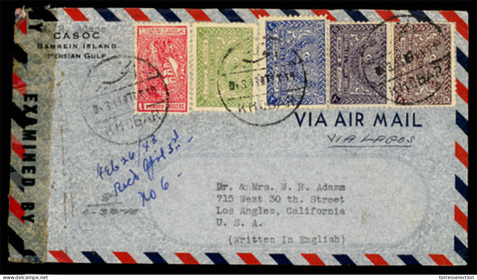 SAUDI ARABIA. 1943. (26 Feb.) Bahrein Island/Persian Gulf To Los Angeles/CA/U.S.A. Airmail Envelope Franked Saudi Arabia - Arabia Saudita