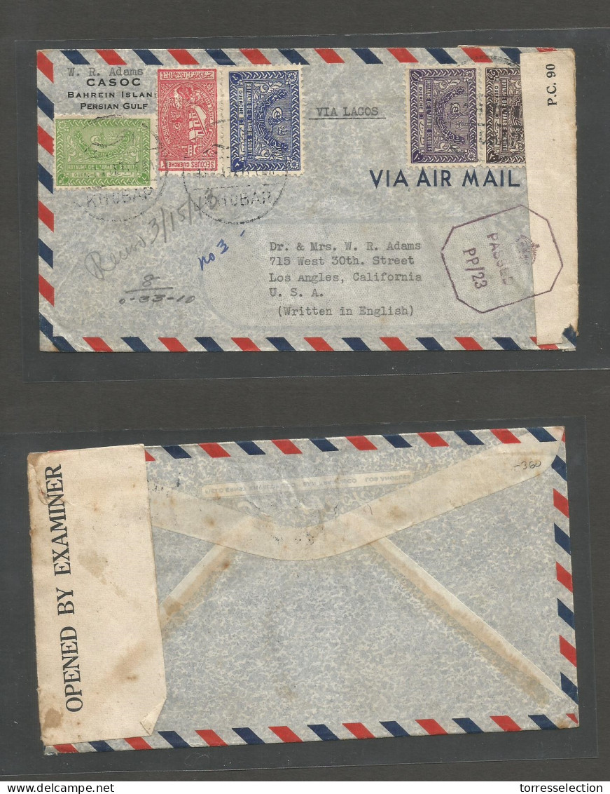 SAUDI ARABIA. 1943 (13 Feb) Bahrein, Persian Gulf. Khobar - USA, LA. Air Censored Multifkd Envelope Via Lagos. Fine Scar - Arabia Saudita