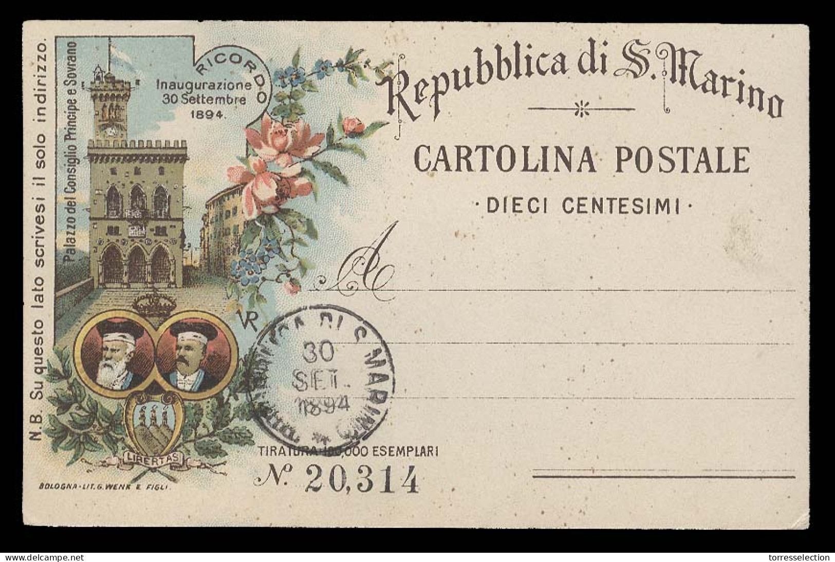 SAN MARINO. 1894 (30 Sept). Comm Chromolitho Color Ilustr Circulated Cancelled 10c Postal Card.Nice Cond. - Autres & Non Classés