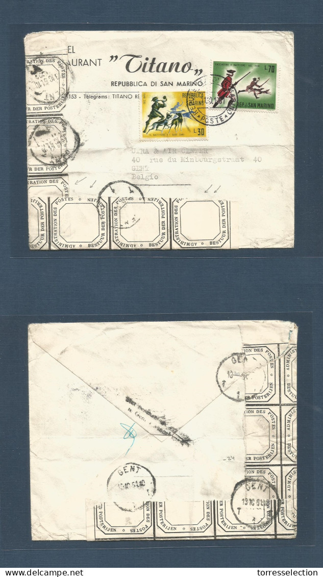 SAN MARINO. 1961 (11 Oct) GPO - Belgium, Gent (13 Oct) Restaurant Titano Ilustration Fkd Envelope + Belgian Post Seals T - Autres & Non Classés