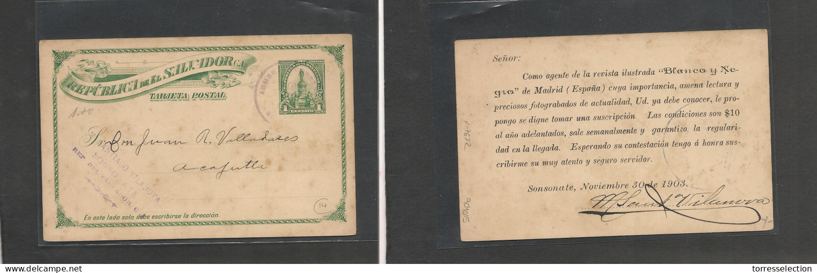 SALVADOR, EL. Salvador Cover - 1903 Sonsonate To Acatjula 1c Green Printed Stat Cardprivate Message Scarce So - El Salvador