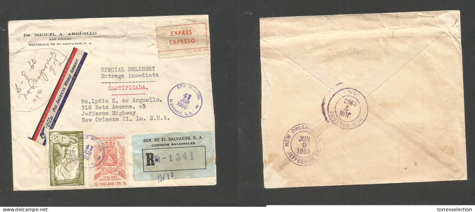 SALVADOR, EL. 1960 (4 June) San Miguel - USA, New Orleans (9 June) Registered Express Air Multifkd Envelope. VF Appealin - El Salvador