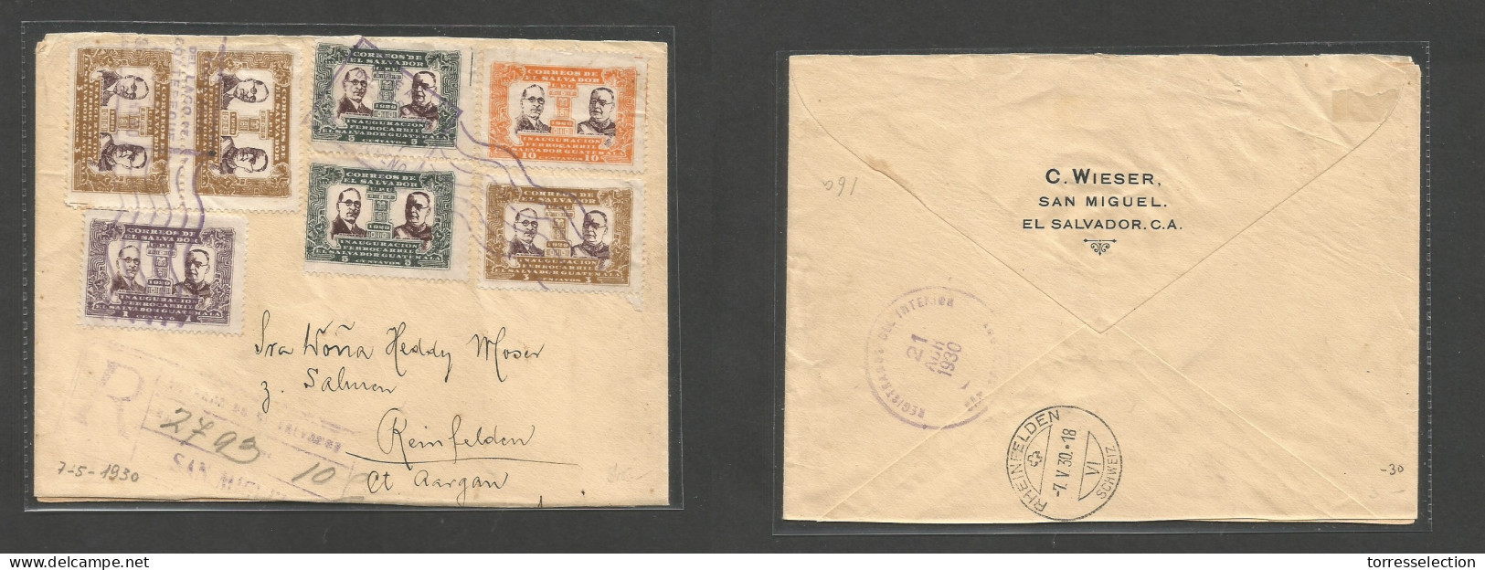 SALVADOR, EL. 1930 (21 April) San Miguel - Switzerland, Reinfelden (7 May) Registered Multifkd Comm Issue. Railway Inaug - El Salvador