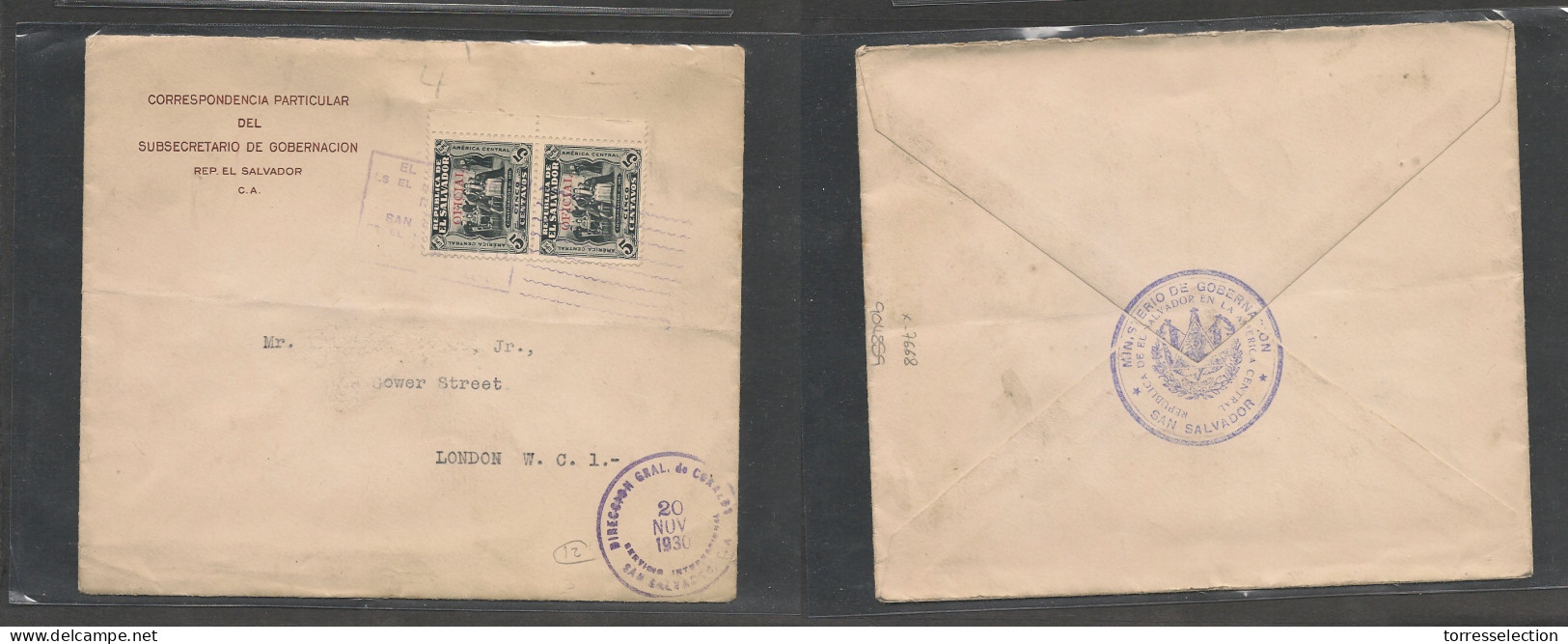 SALVADOR, EL. Salvador Cover - 1930 Oficial Mail Fkd Env. GPO To London, UK , Ovpted Issue, Fine - El Salvador