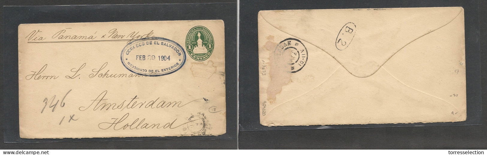 SALVADOR, EL. Salvador Cover - 1904 GPO To Netherlands Amsterdam 1c Green Stat Env Oval Cachet Via Panama NY - El Salvador