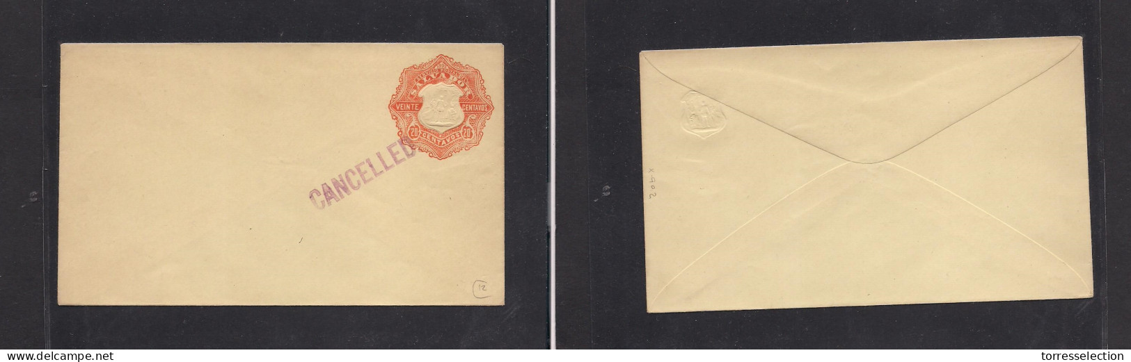 SALVADOR, EL. Salvador - Cover - 1892 20c Orange Mint Stat Env SPECIMEN Type, "cancelled" Cachet. VF. Easy Deal. - El Salvador