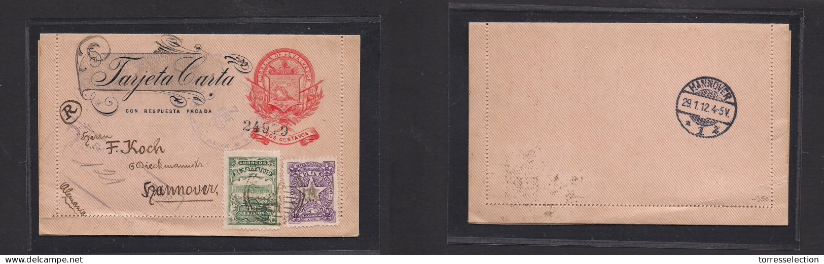 SALVADOR, EL. 1912 (7 Ene) GPO - Germany, Hannover (29 Jan) Registered 2c Red Stat Lettersheet + 2 Adtls, Tied Circular  - El Salvador