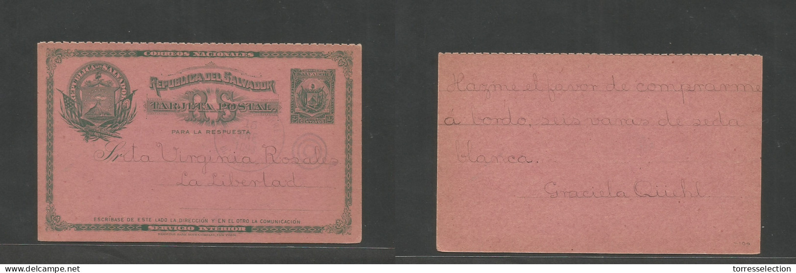 SALVADOR, EL. 1896 (15 Ene) El Chilamatal - La Libertad 2c Doble Green / Pink Stationary Card Used On Way Out Internally - El Salvador
