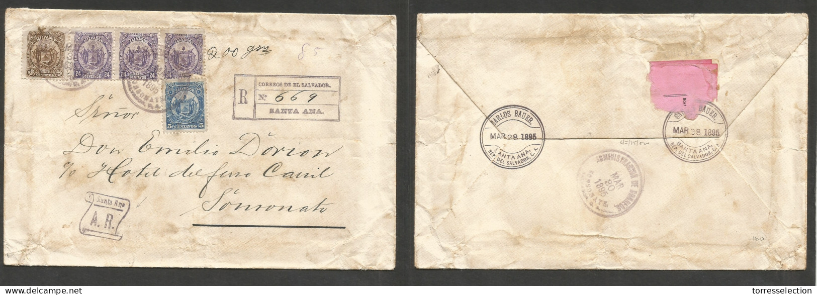 SALVADOR, EL. 1895 (28 March) Santa Ana - Sonsonate. Registered AR Multifkd Env At 80c Rate, Tied Arrival Cachet + Depar - El Salvador