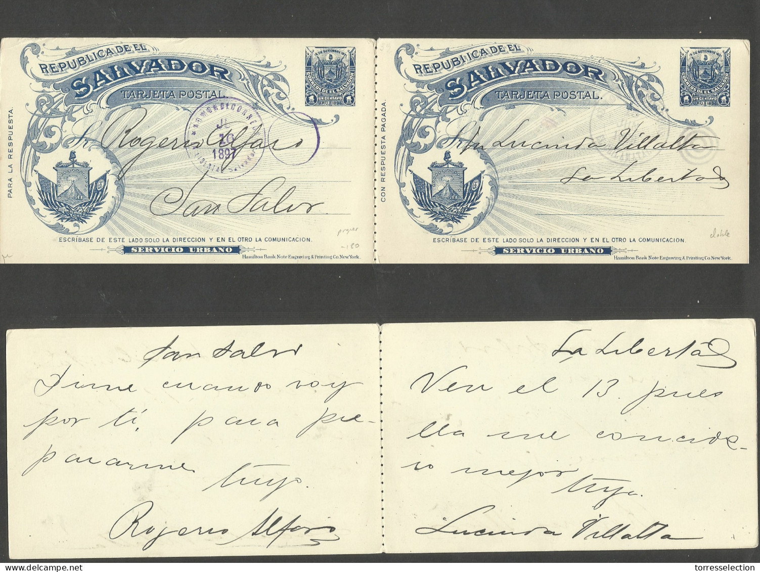 SALVADOR, EL. 1896 (15 June) El Chilamatal - La Libertad (16 June) - Salvador. 1c Blue / Greenish Doble Stationary Card  - El Salvador