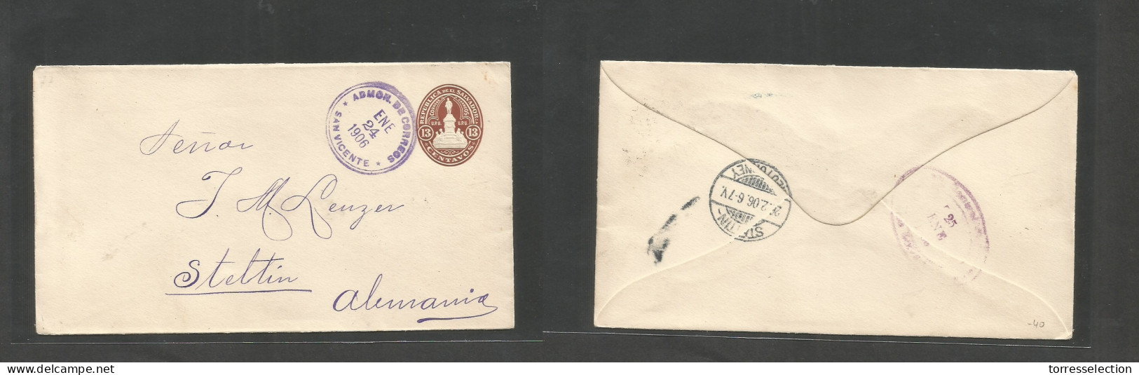 SALVADOR, EL. 1906 (24 Ene) San Vicente - Germany, Stettin (26 Feb) 13c Brown Embossed Stationary Envelope, Cds + Revers - El Salvador