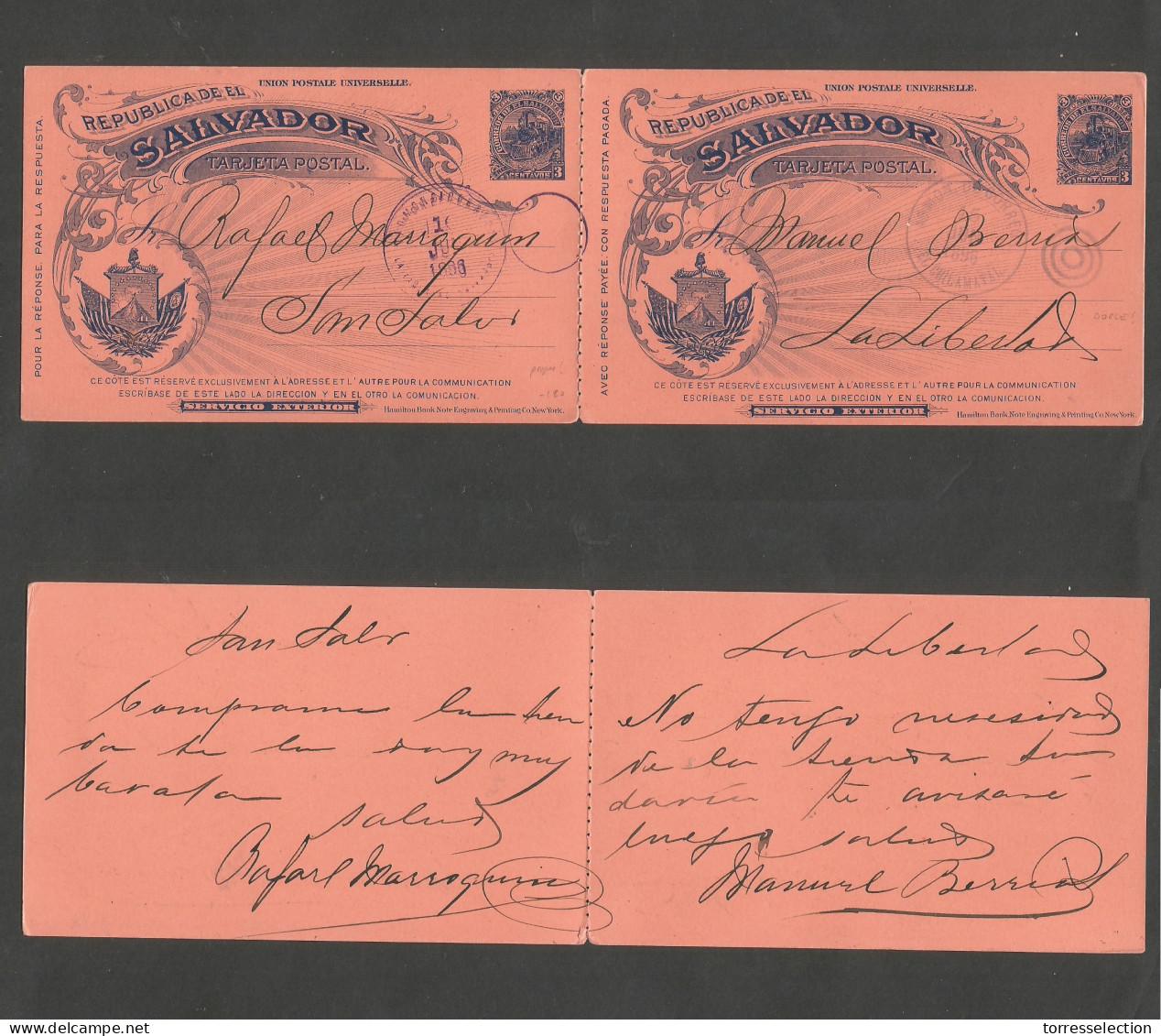 SALVADOR, EL. 1896 (15 June) El Chilamatal - La Libertad, Salvador (16 June) 3c Blue / Salmon Doble Stationary Card Used - El Salvador