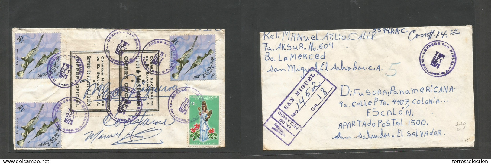 SALVADOR, EL. 1971 (13 Sept) San Miguel - San Salvador, Escalon. Registered Insured Reverse Multifkd Envelope With Rever - El Salvador