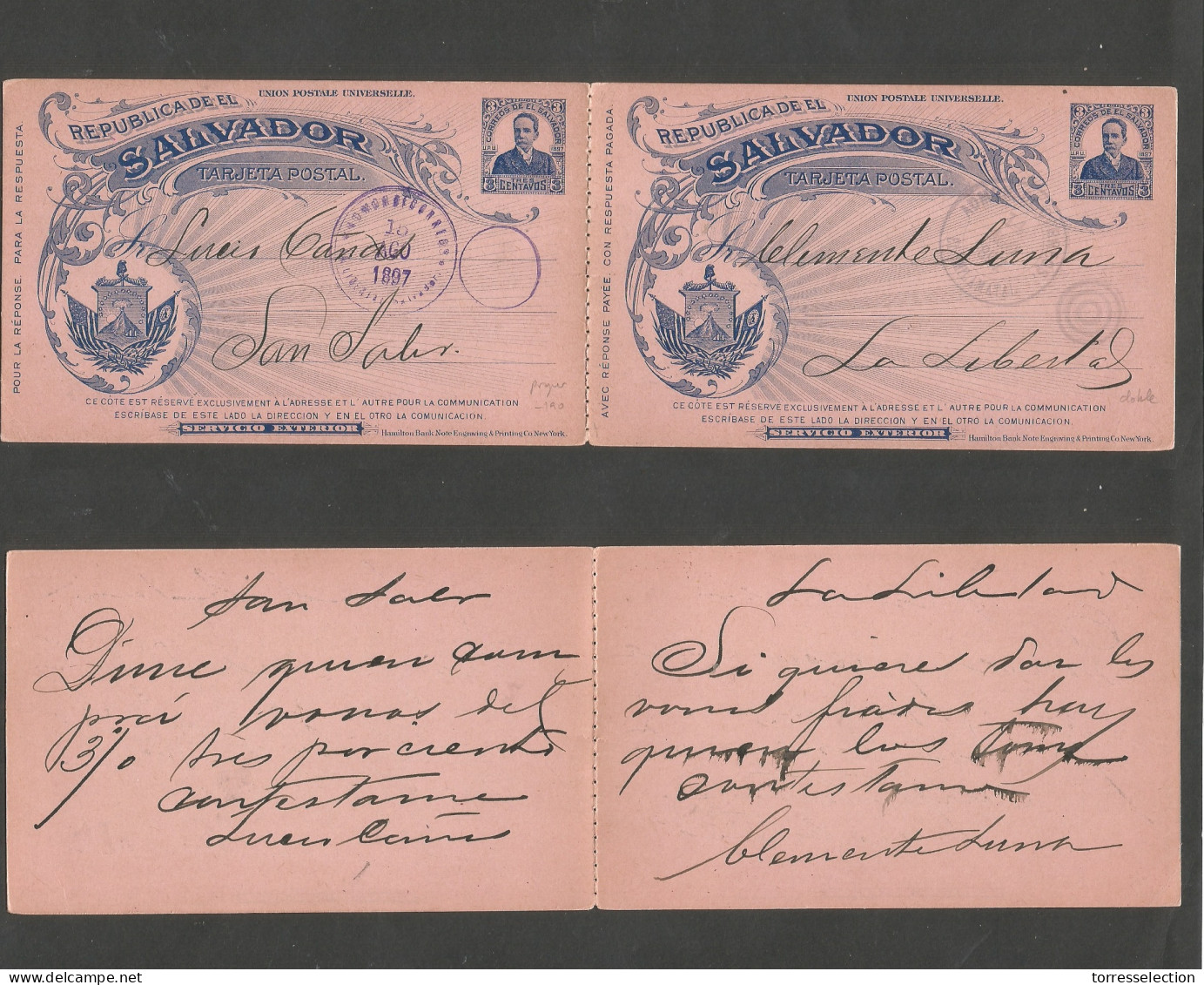 SALVADOR, EL. 1897 (14 Aug) El Chilematal - La Libertad (15 Aug) - Salvador 3c Blue / Pink Doble Illustrated Stationary  - El Salvador