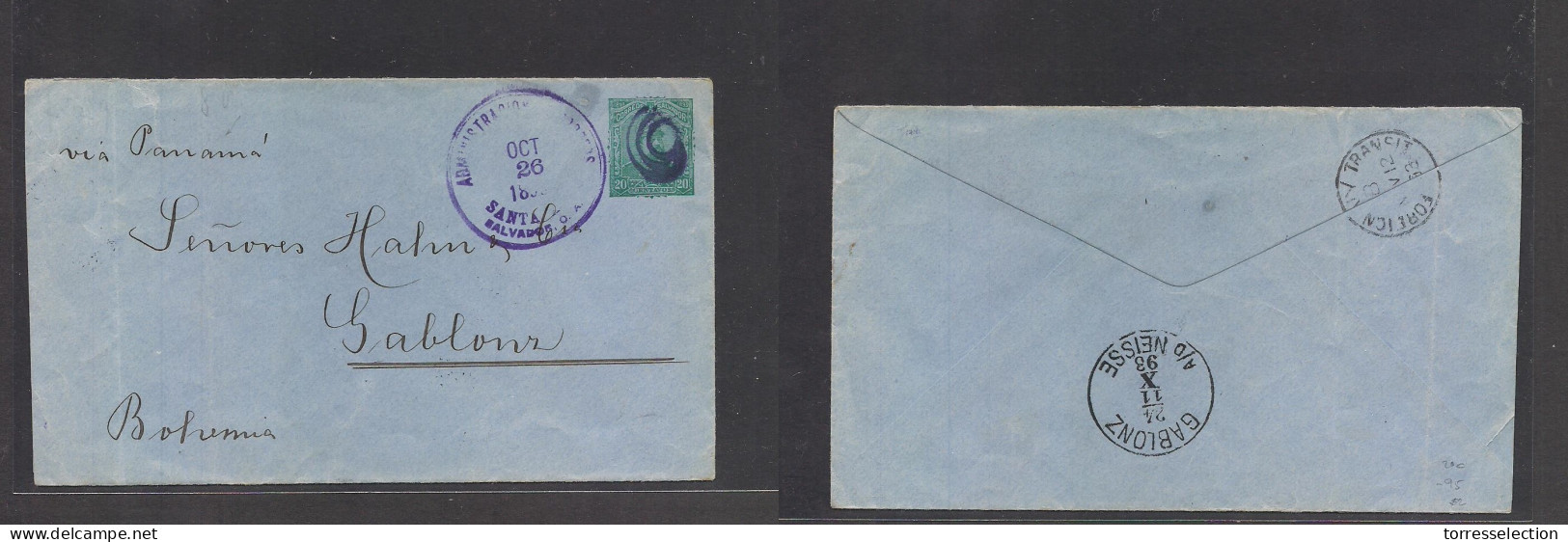 SALVADOR, EL. 1893 (26 Oct) Santa Ana - Gablonz, Bohemia, Czech Republic (24 Nov) Scarce 20c Green/bluish Stat Env Five  - El Salvador