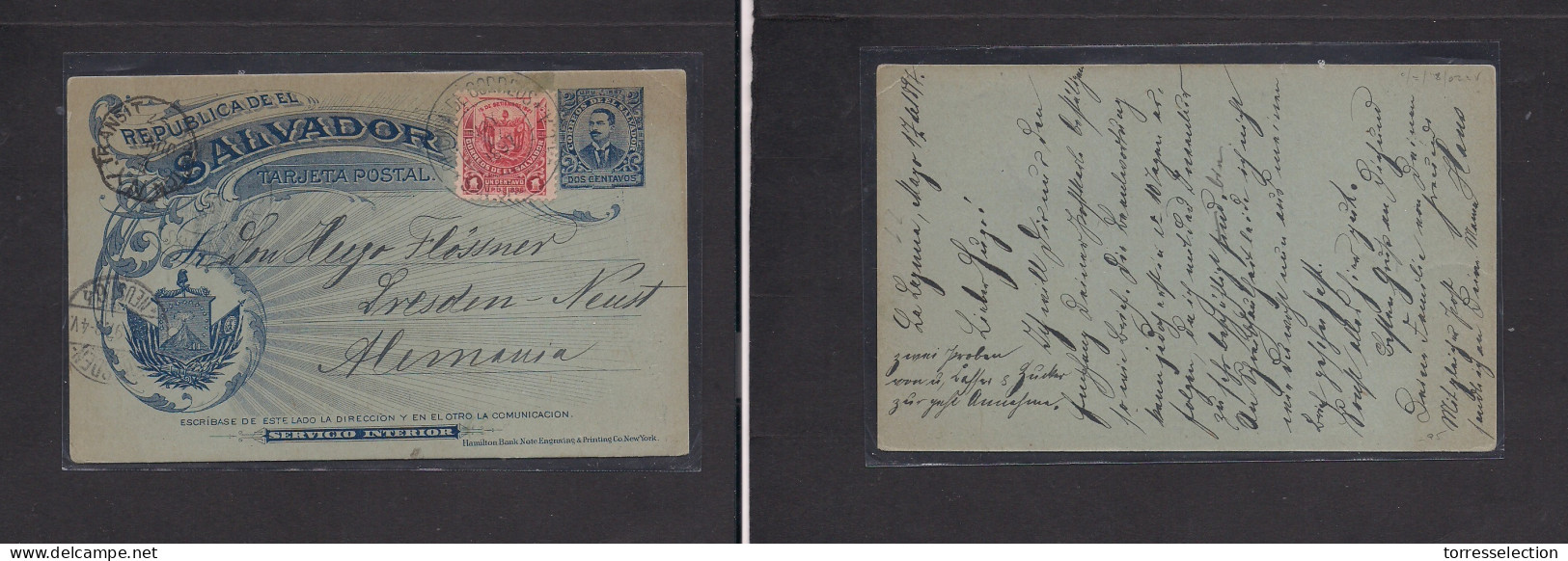 SALVADOR, EL. 1897 (May 17) La Laguna - Germany, Dresden 2c Black Stat Card + 1c Red Adtl + Tied Blue Cds. Via NYC. - El Salvador