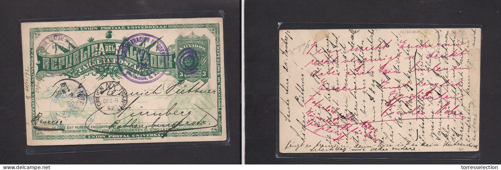 SALVADOR, EL. 1892 (24 Nov) Santa Ana - Germany, Nuremberg 3c Green Stat Card. Via NY. - El Salvador
