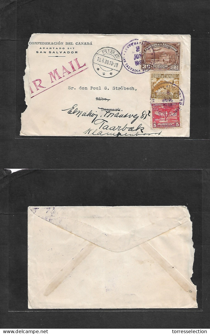 SALVADOR, EL. 1938 (3 June) S. Salvador - Denmark, Ribe (15 June) Air Multifkd Envelope, Incl Special Air Stamp Tied Vii - El Salvador