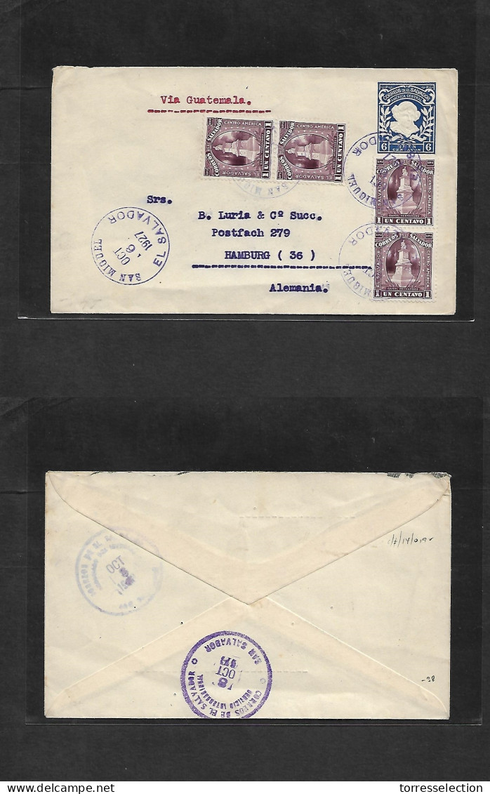 SALVADOR, EL. 1927 (Oct 6) San Miguel - Germany, Hamburgo 6c Blue Stat Env + 4 Adtls Tied Lilac Cds. Via Guatemala. XF I - El Salvador