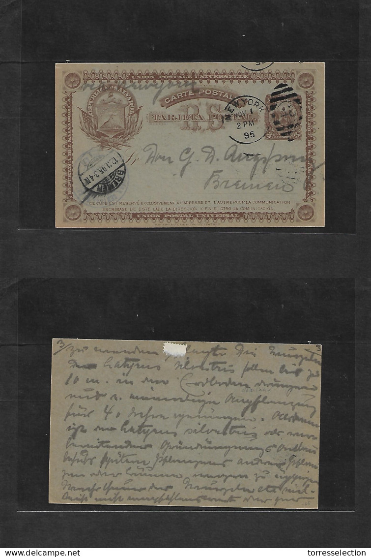 SALVADOR, EL. 1895 (Oct) GPO - Germany, Bremen (12 Nov) Scarce Used 3c Brown Illustrated Stat Card Cancelled By NY Foreg - El Salvador