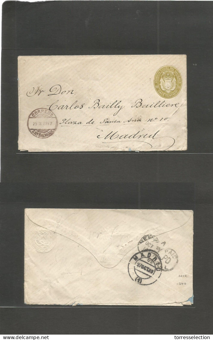 SALVADOR, EL. 1889 (29 Sept) GPO - Spain, Madrid (27 Oct) 11c First Issue Stationary Envelope. Via NY (14 Oct) Very Rare - El Salvador