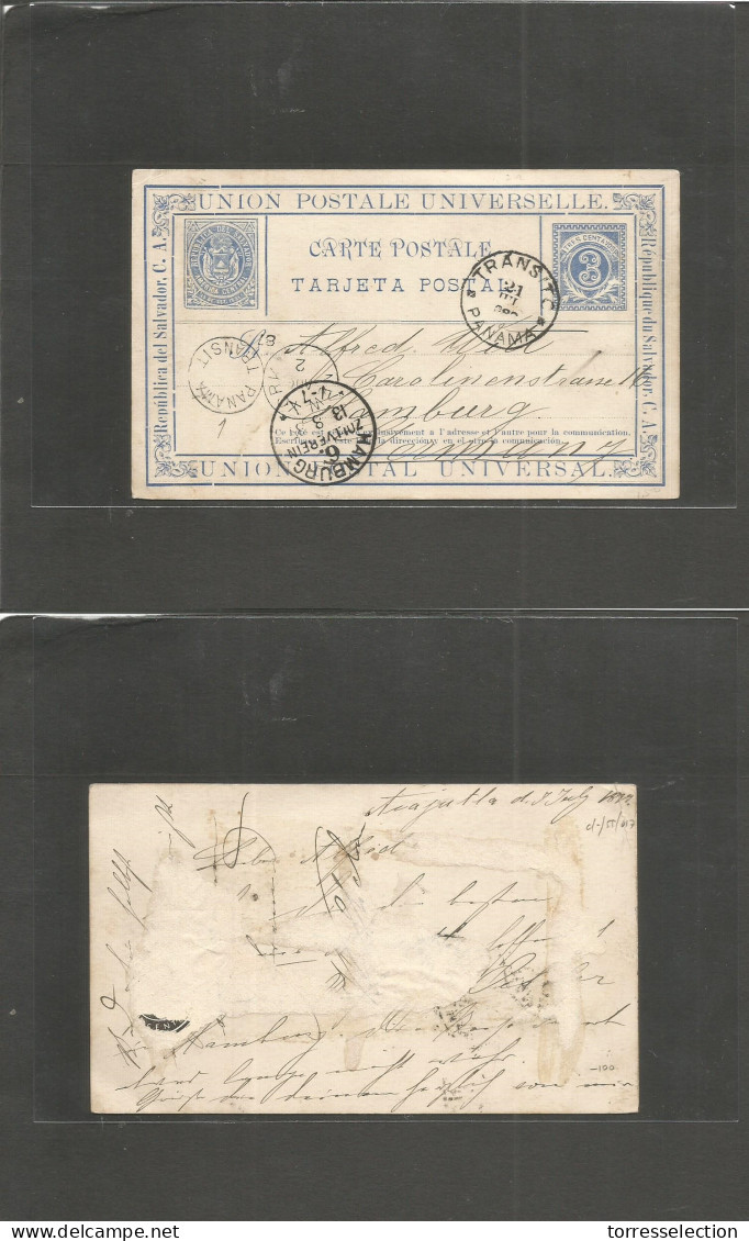 SALVADOR, EL. 1887 (8 July) Acajutla - Germany, Hamburg (13 Aug) 3c Blue Early Stationary Card Usage With Doble TRANSITO - El Salvador