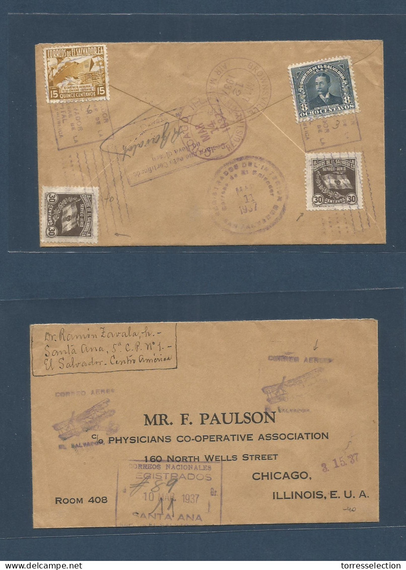 SALVADOR, EL. 1937 (11 March) Santa - USA, Chicago. (14 March) Registered Reverse Multifkd Multi / Issues Including Air  - El Salvador