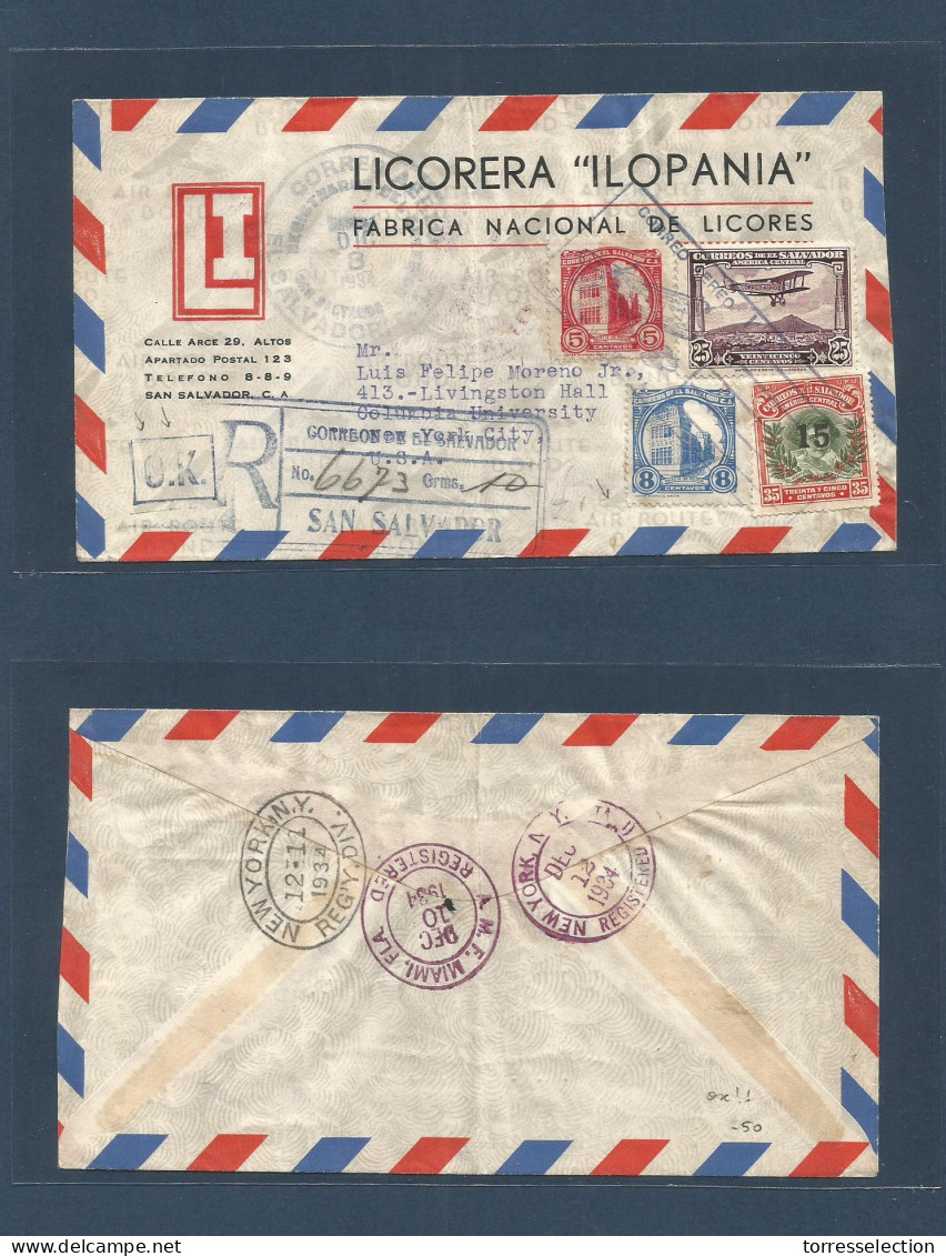 SALVADOR, EL. 1934 (8 Dic) Salvador - USA, NYC. Registered Air Multifkd Ilustrated "Licorera" Envelope + "OK" Control Ca - El Salvador