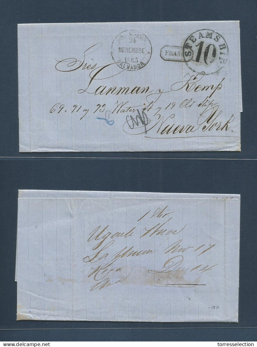 SALVADOR, EL. 1865 (17-24 Nov) La Union - USA, NYC (14 Dec) Stampless EL Depart Cds + FRANCO + "NY Steamship 10c" Fine + - El Salvador