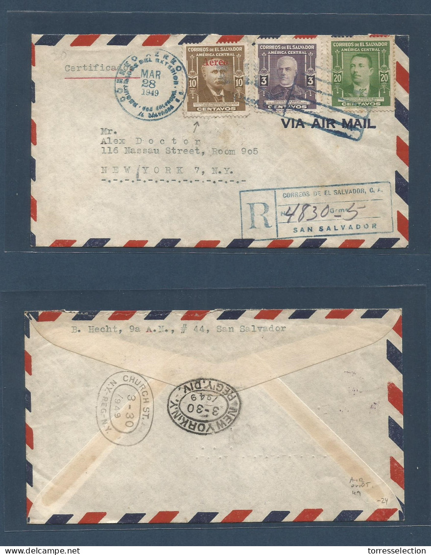 SALVADOR, EL. 1949 (28 March) Salvador - USA, NYC. Registered Air + Ovptd Issue Multifkd Env. Fine. - El Salvador