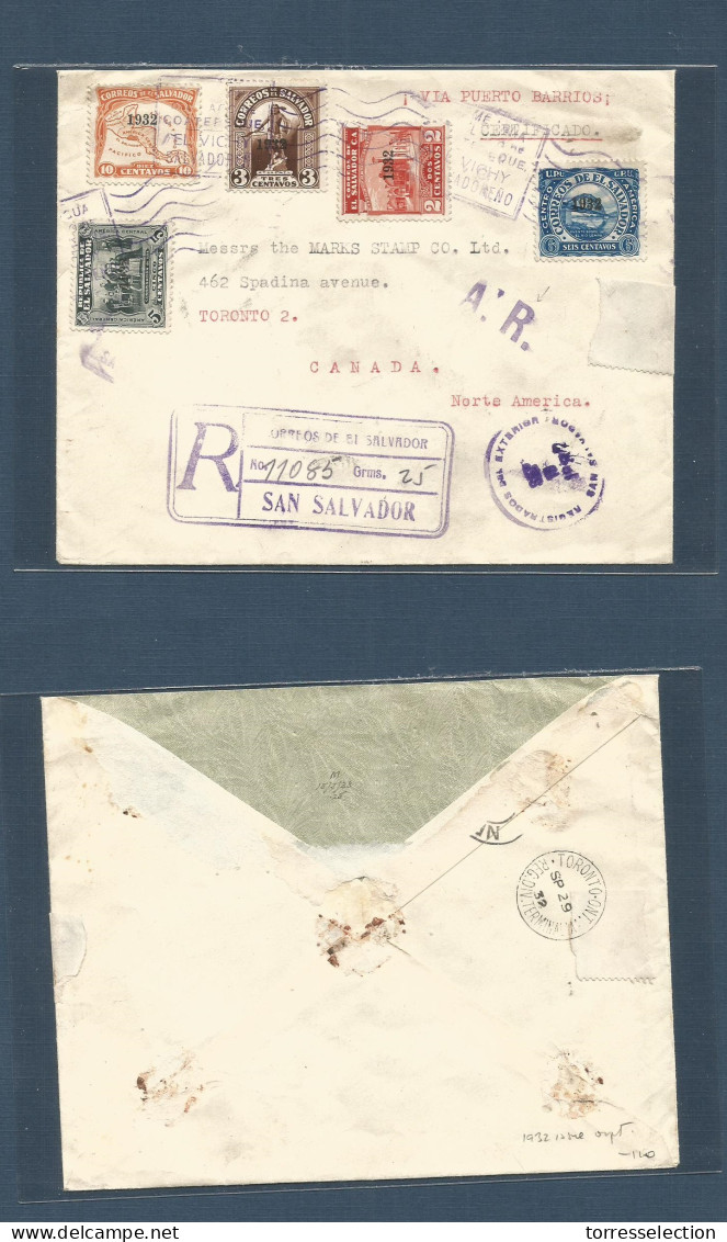 SALVADOR, EL. 1932 (10 Sept) S. Salvador - Canada, Toronto (29 Sept) Registered AR Multifkd Envelope Via Puerto Barrios  - El Salvador