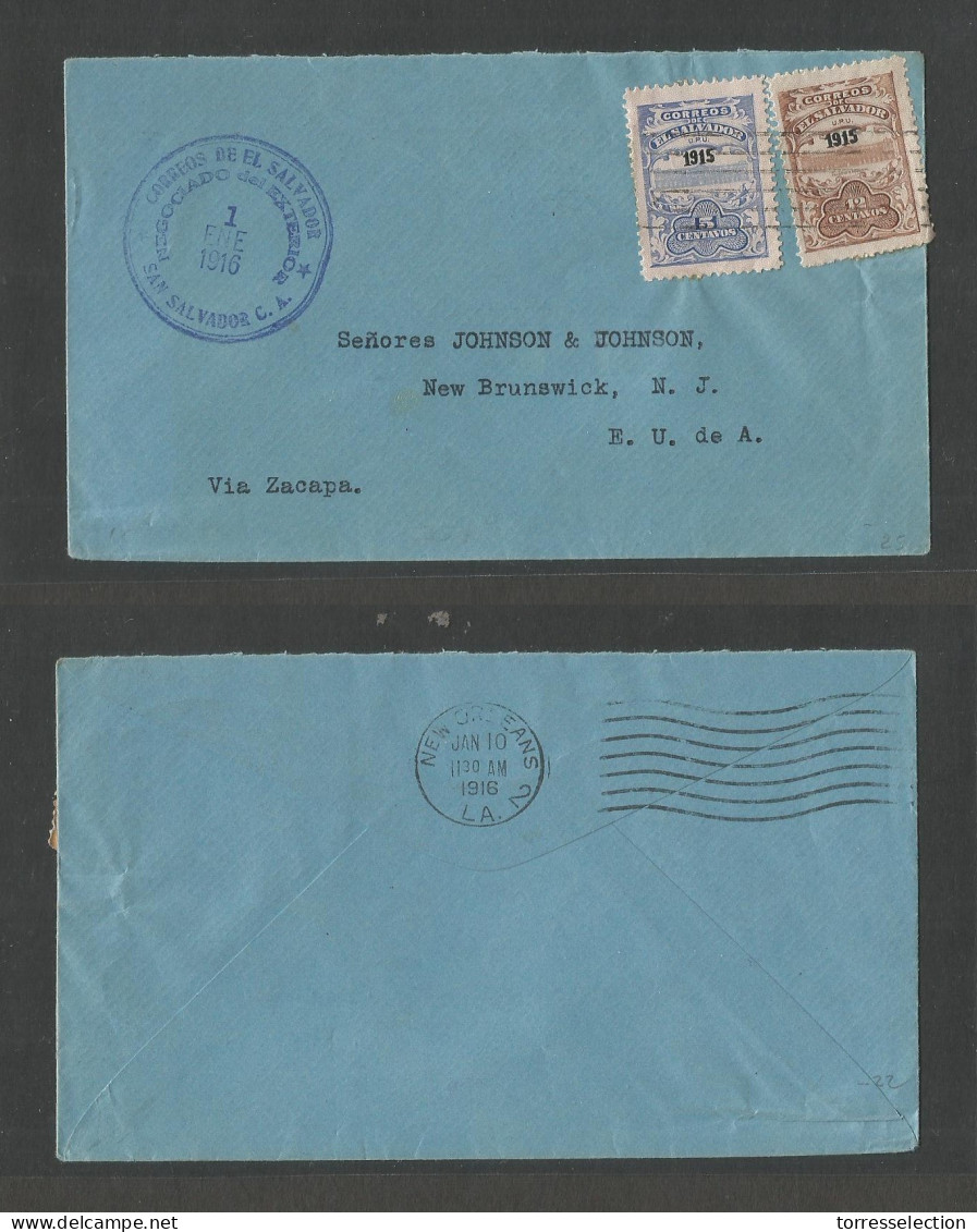 SALVADOR, EL. 1916 (1 Jan) S. Salvador - USA, New Brunswick, NS. Via Zacapa 1915 Issue Multifkd Env. Fine Via New Orlean - El Salvador
