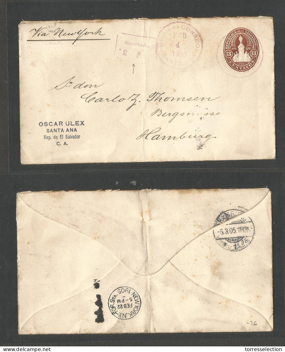 SALVADOR, EL. 1905 (4 Feb) Santa Ana - Germany, Hamburg (5 March) Via NYC (22 Febr) 13c Red Brown Stationary Envelope "O - El Salvador